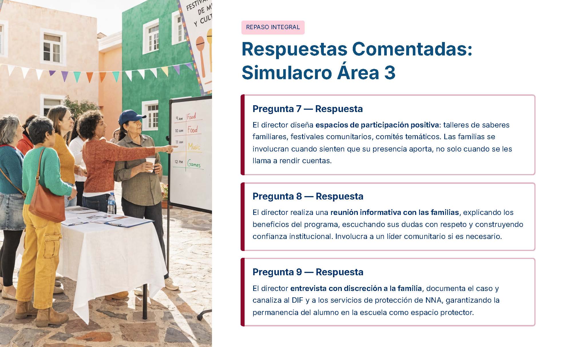 Guía de Apoyo Promoción Vertical Función Directiva Educación Primaria- USICAMM 2026 - 2027 + (Simulador 90 Reactivos 10 Una mujer está de pie junto a un tablero de presentación, señalando a un grupo de personas sentadas al aire libre. La pizarra tiene notas de colores, y el texto junto a la imagen habla de estrategias para la participación familiar, reuniones informativas y discreción en la gestión de casos.