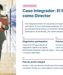 Guía de Apoyo Promoción Vertical Función Directiva Educación Primaria- USICAMM 2026 - 2027 + (Simulador 90 Reactivos 35 Una mujer vestida profesionalmente camina por el pasillo de una escuela leyendo una carpeta. El texto que aparece junto a ella dice:
