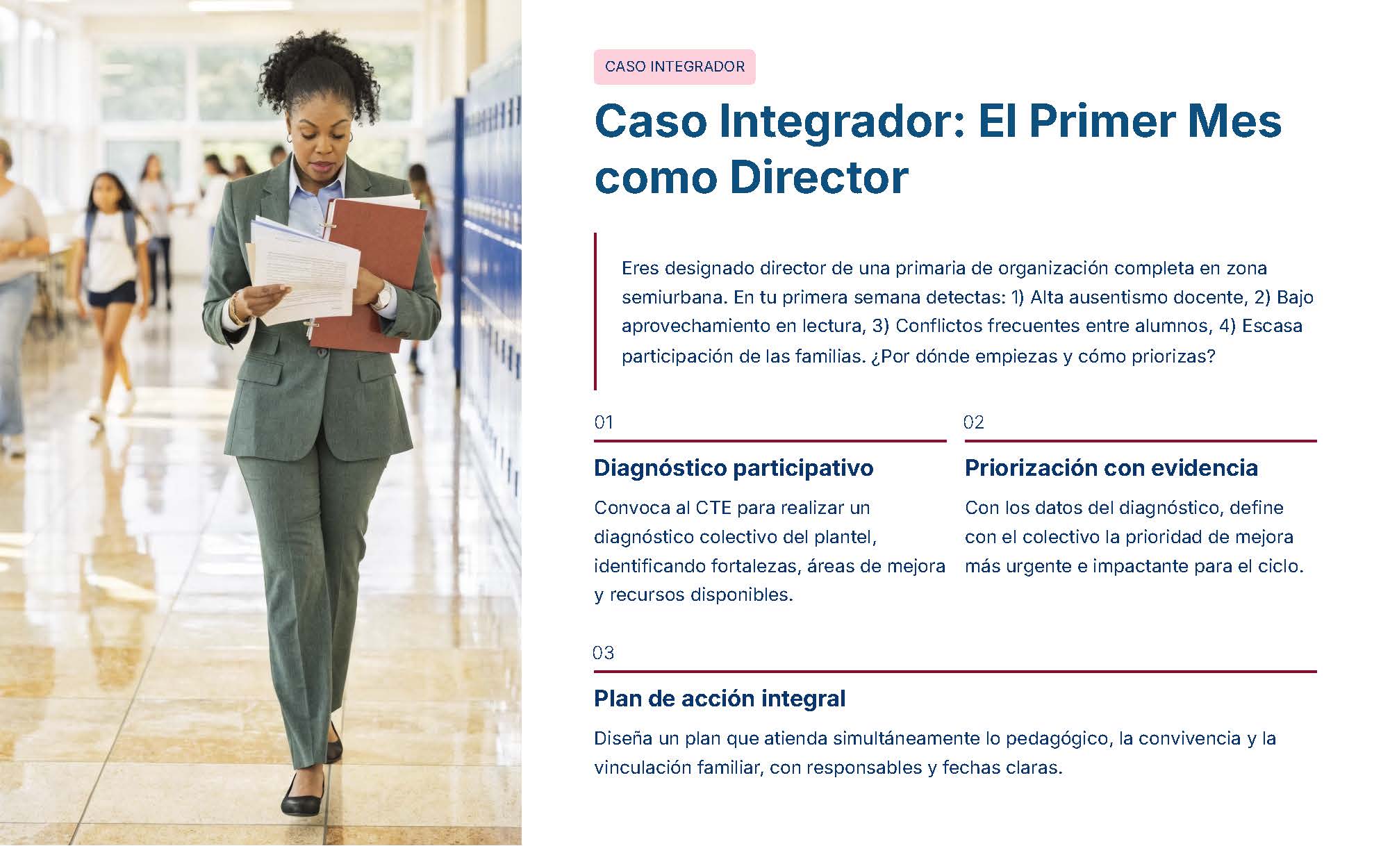 Guía de Apoyo Promoción Vertical Función Directiva Educación Primaria- USICAMM 2026 - 2027 + (Simulador 90 Reactivos 8 Una mujer vestida profesionalmente camina por el pasillo de una escuela leyendo una carpeta. El texto que aparece junto a ella dice: "Caso Integrador: El Primer Mes como Director" y describe los pasos a seguir en el primer mes de un nuevo director de escuela.