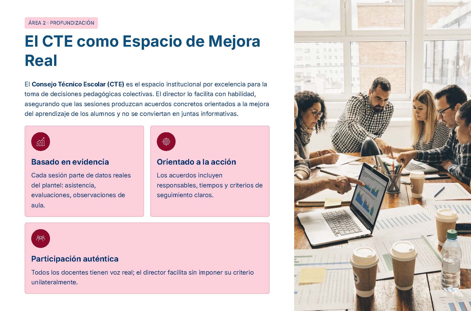 Guía de Apoyo Promoción Vertical Función Directiva Educación Primaria- USICAMM 2026 - 2027 + (Simulador 90 Reactivos 7 Un grupo de cinco personas trabaja en torno a una mesa con ordenadores portátiles, papeles y café. A la izquierda, unos recuadros azules y rosas explican el papel del CTE en la mejora escolar basada en pruebas, participativa y orientada a la acción.