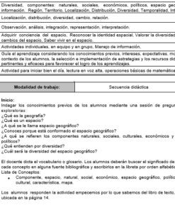 Imagen en escala de grises de una hoja de trabajo educativa estructurada que detalla conceptos de enseñanza, método, planificación de sesiones y criterios de evaluación centrados en temas de geografía. formato de tabla con texto en español.
