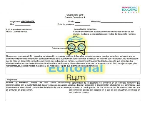Una imagen de Planeaciones Secundaria Geografía 3er Trimestre Nuevo Modelo Educativo relacionada con una clase de geografía para "Secundaria" bajo el Nuevo Modelo Educativo, mostrando texto, tablas y un logotipo de la escuela. Incluye objetivos educativos y plan de estudios.