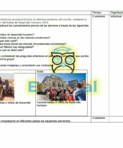 Una diapositiva educativa de PowerPoint con un cuadro titulado 'comparaciones' y una tabla titulada 'actividades', que describe un estudio de aula que compara las condiciones socioeconómicas en diferentes países como parte de las 