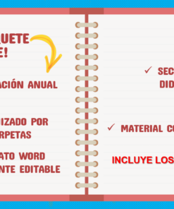 Imagen de un gráfico que asemeja un cuaderno abierto con texto en español que enumera el contenido de un paquete, que incluye la planificación anual de 