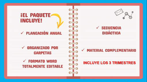 Imagen de un gráfico que asemeja un cuaderno abierto con texto en español que enumera el contenido de un paquete, que incluye la planificación anual de "Planeaciones Geografía Secundaria (Ciclo 2022-2023) PLAN 2017" dividida en 3 trimestres y formato Word editable, entre otras herramientas educativas.