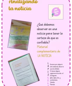 Un volante titulado "GUÍA PARA ANALIZAR UNA NOTICIA" presenta notas escritas a mano sobre el análisis de la credibilidad de las noticias. Cuenta con un borde colorido, texto y dos páginas de notas detalladas. Además, incluye información de contacto del usuario de Instagram "mi_lapiz_lila.