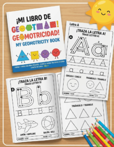Mi libro de Geomotricidad" es un libro de actividades bilingüe para niños que introduce las formas y el trazado de las letras A y B, con contornos punteados, formas vibrantes, lápices de colores y un alegre sol en sus páginas.