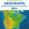 Portada de un libro de texto de geografía titulado "Programa Analítico y Plano Didáctico Geografía Primer Grado de Secundaria NEM" con un colorido mapa de América y el logotipo "Nueva Escuela Mexicana" en la parte superior.