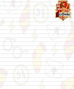 Papel rayado con un fondo colorido con varios símbolos como un sobre, una corbata, gafas, calcetines y relámpagos. La esquina superior derecha muestra un escudo de Gryffindor con un león de la serie Harry Potter. Perfecto para tomar notas en tu Diario de Gryffindor o Notas.