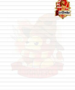 Diario de Gryffindor o Notas que presenta un león de dibujos animados con un sombrero de mago, una bufanda característica y lo que parecen ser los colores y la mascota de la Casa Gryffindor. El fondo tiene una imagen descolorida del león y un emblema de Gryffindor en la esquina superior derecha.