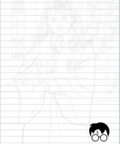Un dibujo lineal tenue de una persona vestida con una túnica con un escudo en el pecho, parada frente a una ventana con arcos decorativos. La figura, posiblemente un Gryffindor, tiene el pelo largo y parece tener algo en sus manos. La página tiene líneas horizontales para notas. Un pequeño icono redondo de una cabeza con gafas y una cicatriz en forma de rayo se encuentra en la esquina inferior derecha.

Diario de Gryffindor o Notas