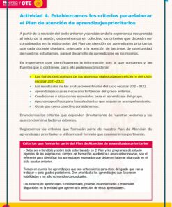 Un documento en español que detalla una actividad para establecer criterios para desarrollar un plan de acción de aprendizaje prioritario. Los puntos clave de este Paquete CTE RECREA Fase Intensiva + Taller de Evaluación Diagnóstica (Secundaria y Telesecundaria) 2022-2023 incluyen identificar fuentes de información y describir a los estudiantes con posibles desafíos de aprendizaje. El texto está resaltado para darle énfasis.