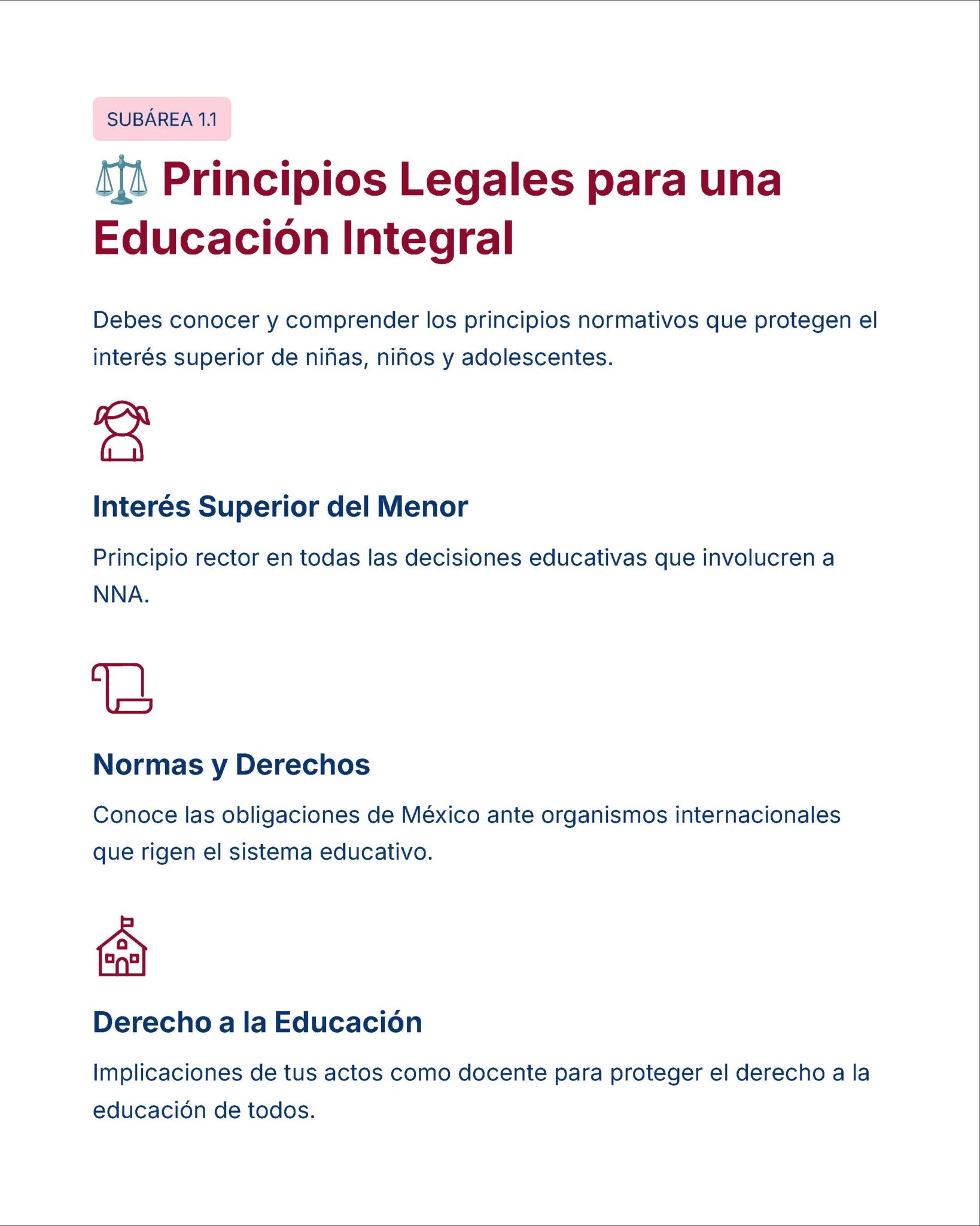 Guía de Estudio Admisión FCYE Educación Secundaria- USICAMM 2026 - 2027 + (Simulador 90 Reactivos) 9 Captura de pantalla de un recurso educativo en español titulado "Principios Legales para una Educación Integral" con iconos y descripciones sobre los intereses del niño, las normas, los derechos y el derecho a la educación.