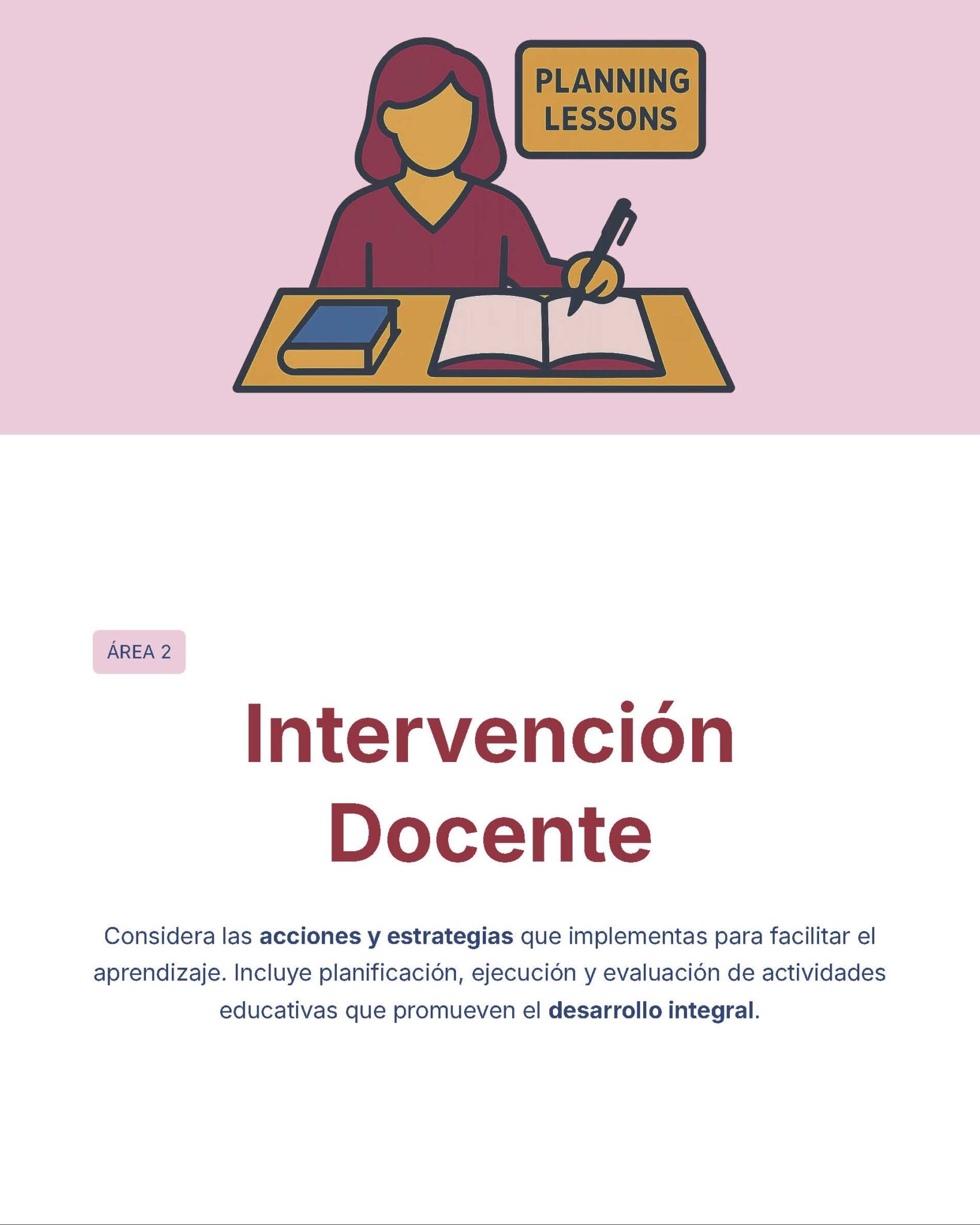 Guía de Estudio Admisión FCYE Educación Secundaria- USICAMM 2026 - 2027 + (Simulador 90 Reactivos) 14 Ilustración de una persona escribiendo en un cuaderno con un cartel de "Planificación de clases", libros y un bolígrafo. Debajo, un texto en español describe la "Intervención Docente" y su papel en la planificación y las estrategias educativas.