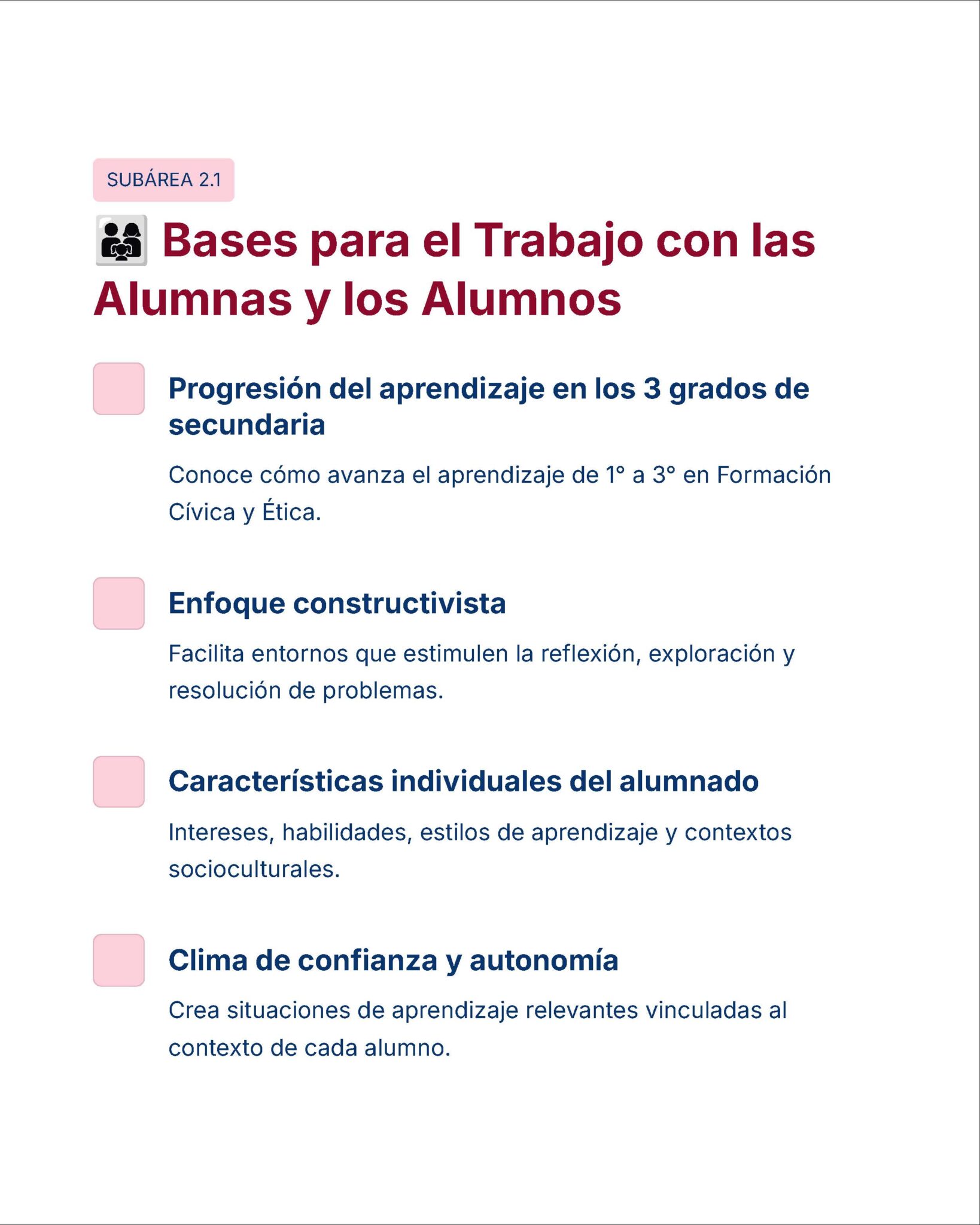 Guía de Estudio Admisión FCYE Educación Secundaria- USICAMM 2026 - 2027 + (Simulador 90 Reactivos) 15 Infografía en español titulada "Bases para el Trabajo con las Alumnas y los Alumnos" que muestra cuatro principios esbozados, cada uno con un icono: aprendizaje progresivo, enfoque constructivista, características individuales y clima de confianza.
