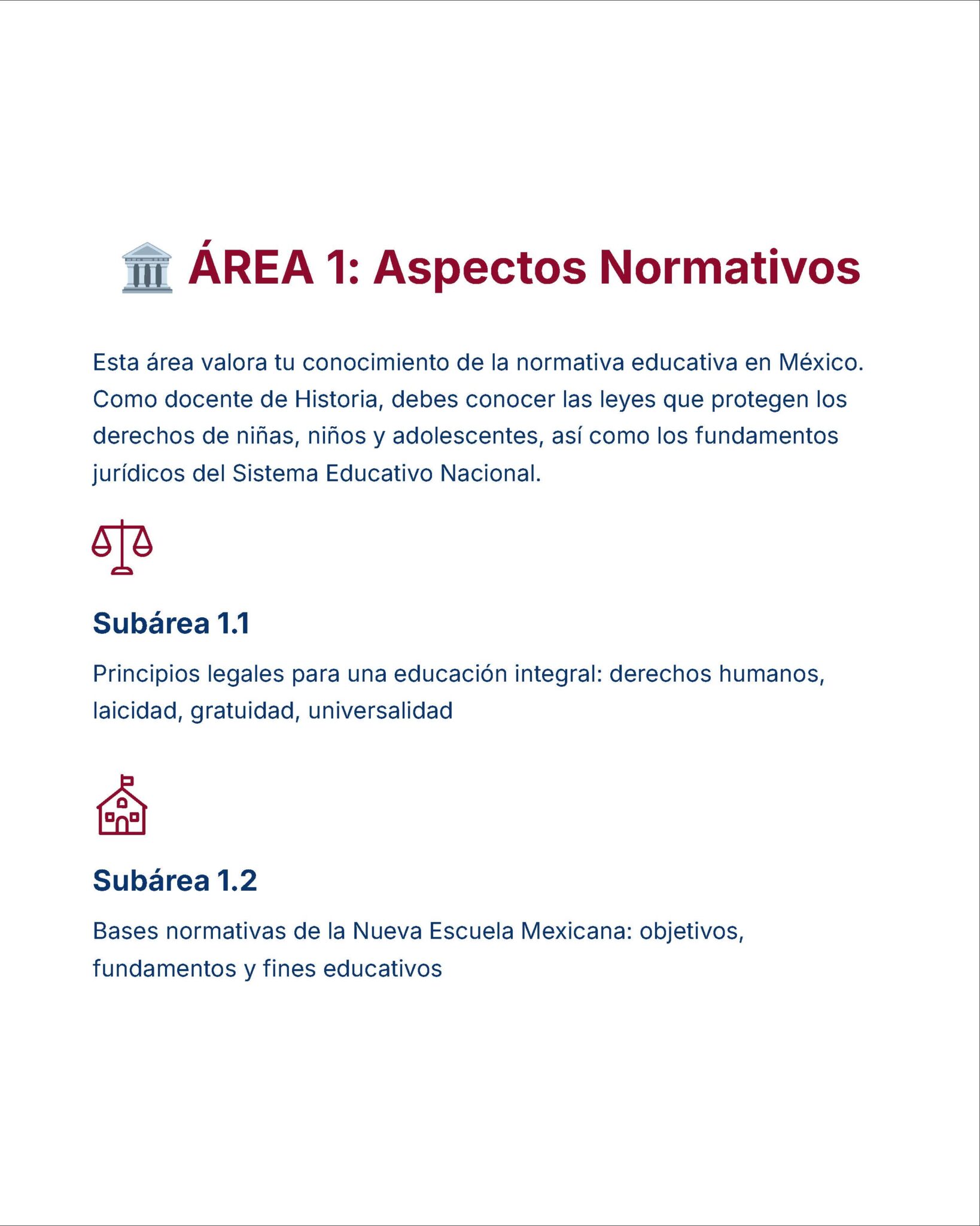 Guía de Estudio Admisión HISTORIA Educación Secundaria- USICAMM 2026 - 2027 + (Simulador 90 Reactivos) 3 Un documento titulado "Área 1: Aspectos Normativos" esboza los principios y bases legales de la educación, centrándose en los derechos humanos, el laicismo y los fundamentos de la Nueva Escuela Mexicana.