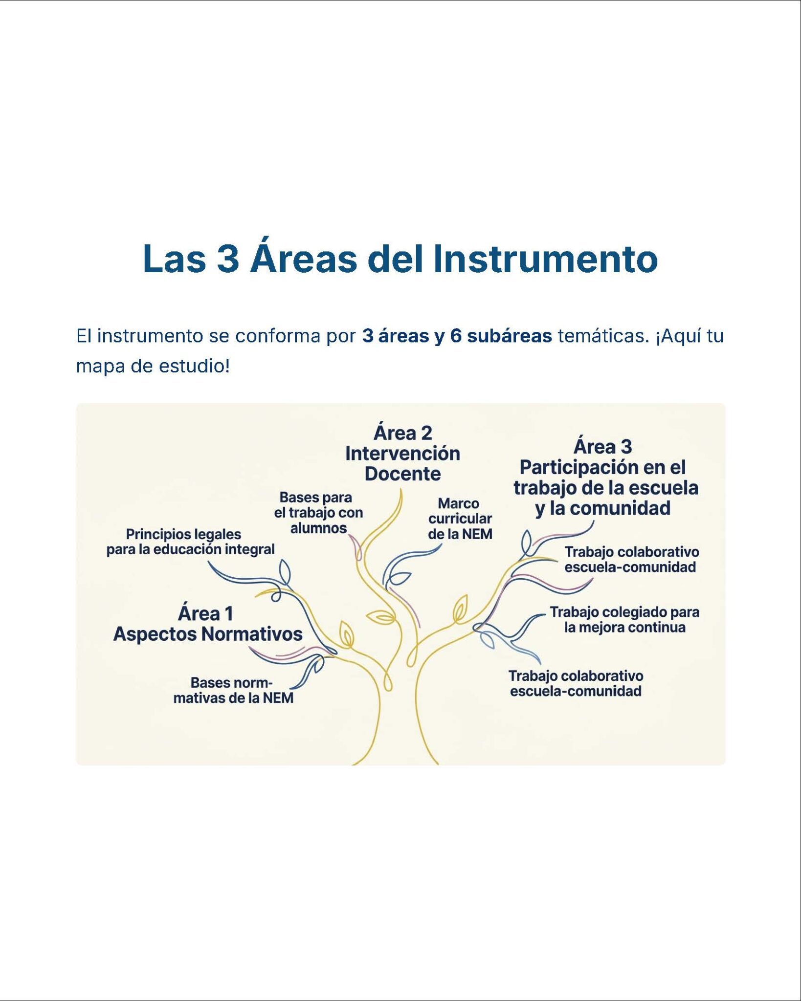 Guía de Estudio Admisión EDUCACION INICIAL Y PREESCOLAR- USICAMM 2026 - 2027 + (Simulador 90 Reactivos) 14 Infografía titulada "Las 3 Áreas del Instrumento" con un gráfico en forma de árbol que muestra tres áreas: Aspectos Normativos, Intervención Docente y Participación en la escuela y comunidad, cada una con sus subáreas temáticas.
