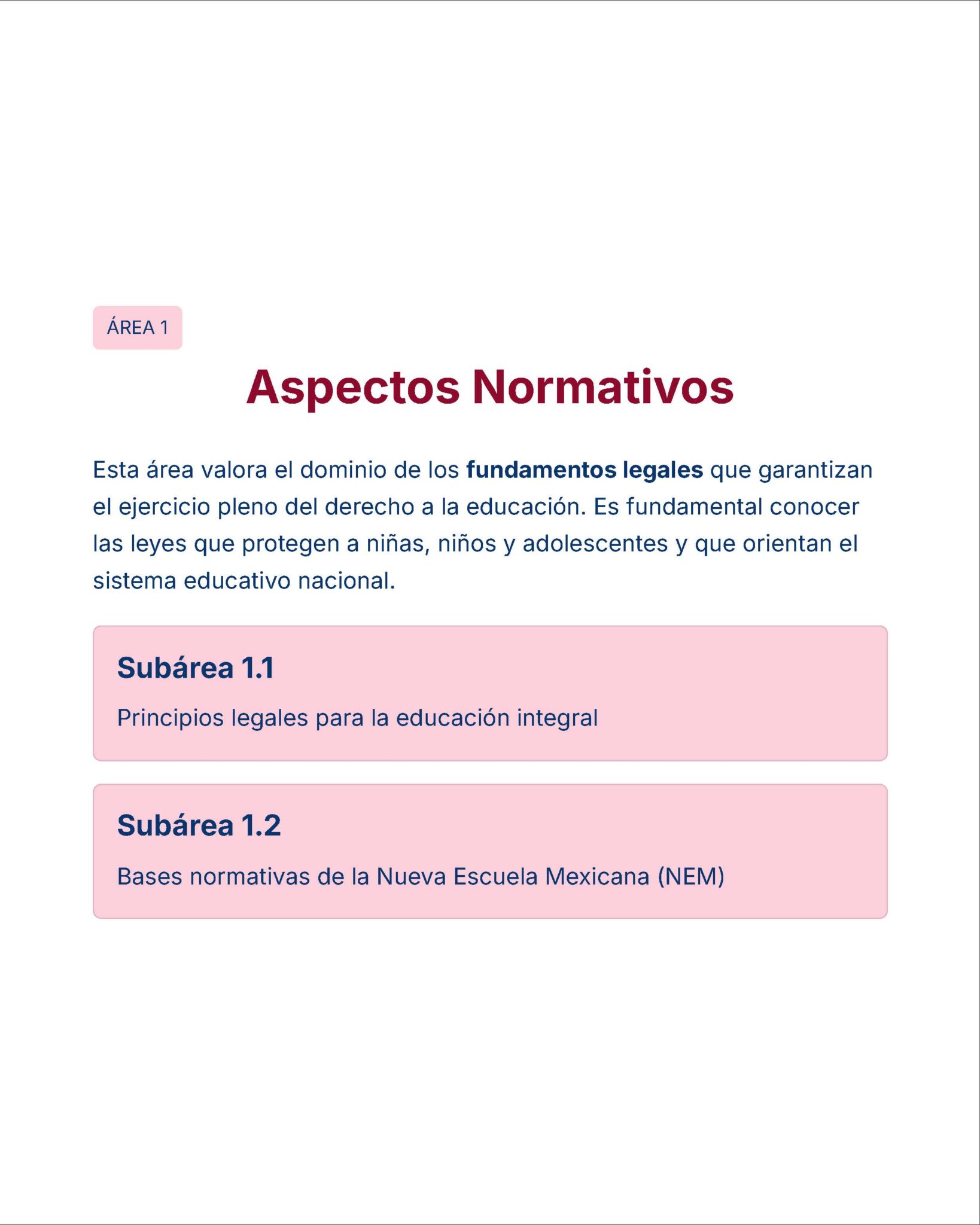 Guía de Estudio Admisión EDUCACION INICIAL Y PREESCOLAR- USICAMM 2026 - 2027 + (Simulador 90 Reactivos) 15 Captura de pantalla de una sección de la página web titulada "Aspectos Normativos". En ella se describe la importancia de los marcos jurídicos en la educación, con dos recuadros rosas etiquetados como "Subárea 1.1" y "Subárea 1.2", en los que se enumeran temas jurídicos relacionados.