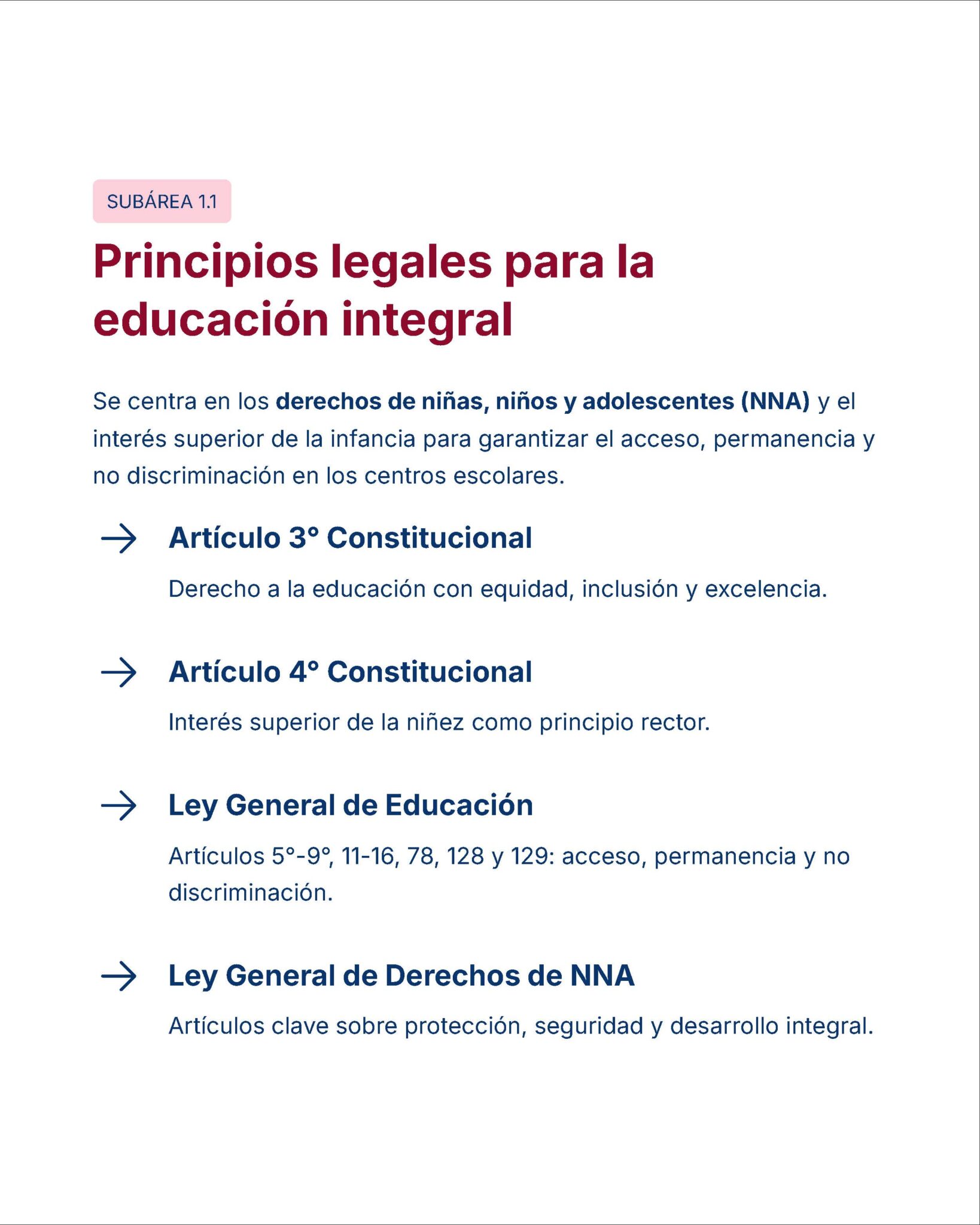 Guía de Estudio Admisión EDUCACION INICIAL Y PREESCOLAR- USICAMM 2026 - 2027 + (Simulador 90 Reactivos) 12 Diapositiva titulada "Principios legales para la educación integral" en la que se enumeran artículos legales clave relacionados con los derechos del niño y la educación en México, con términos resaltados y breves descripciones de cada ley.