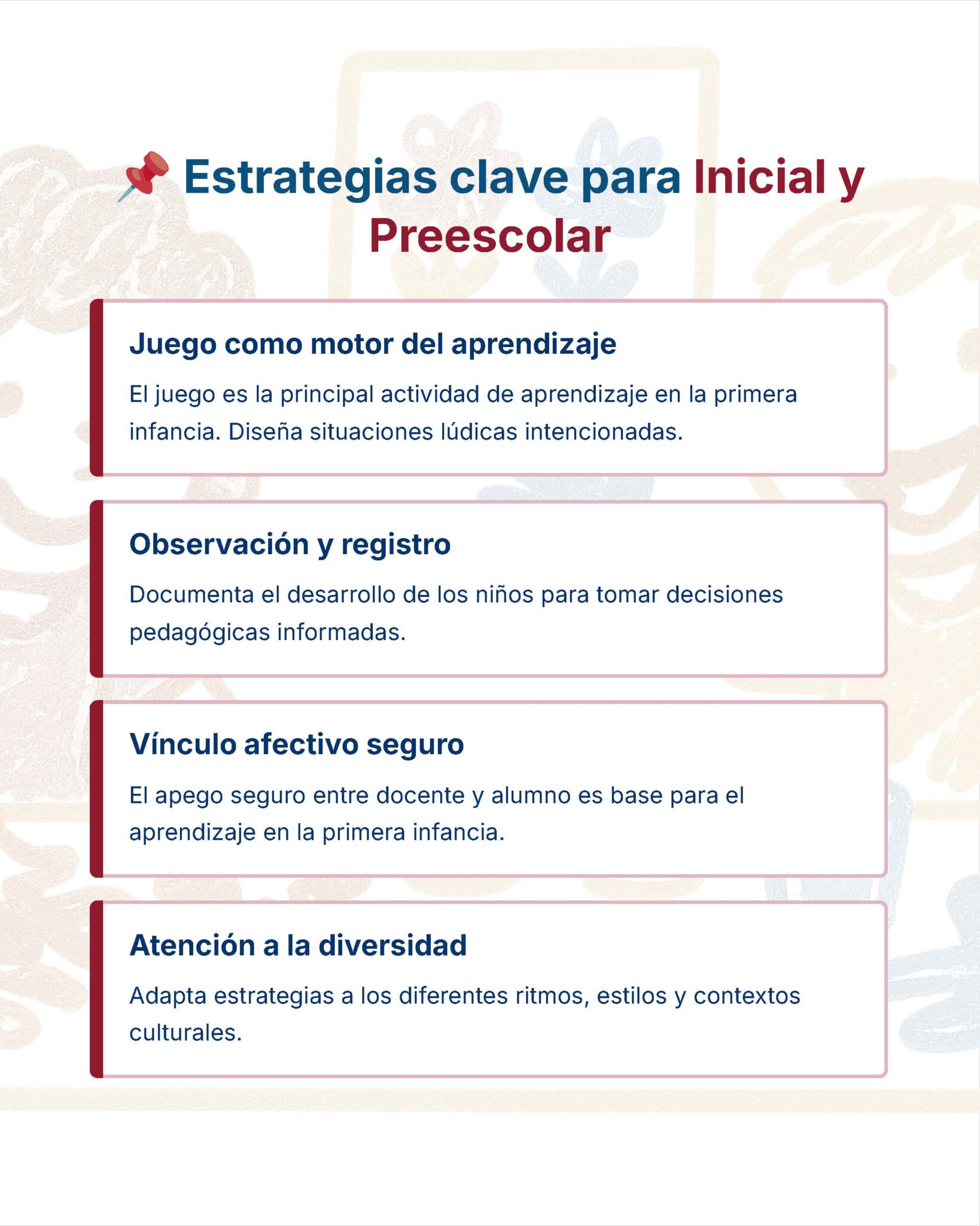 Guía de Estudio Admisión EDUCACION INICIAL Y PREESCOLAR- USICAMM 2026 - 2027 + (Simulador 90 Reactivos) 6 Infografía titulada "Estrategias clave para Inicial y Preescolar" con cuatro recuadros: juego como motor del aprendizaje, observación y registro, vínculo afectivo seguro y atención a la diversidad, cada uno con su descripción.