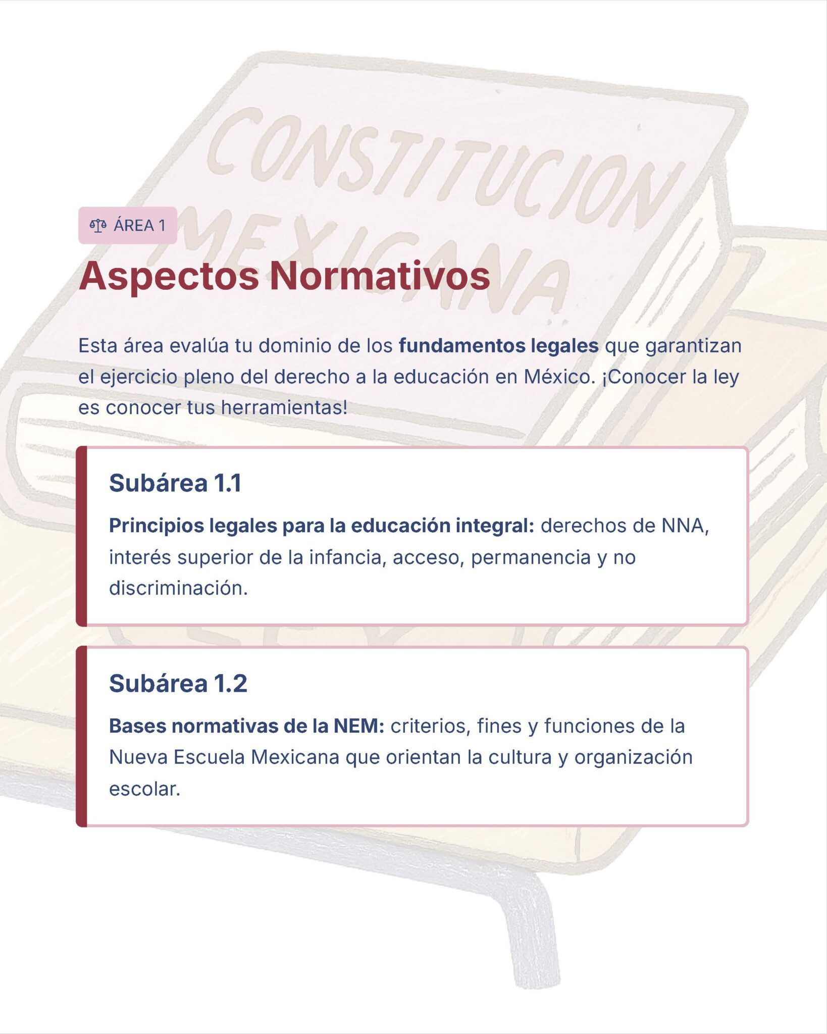 Guía de Estudio Admisión EDUCACIÓN PRIMARIA - USICAMM 2026 - 2027 + (Simulador 90 Reactivos) 18 Un documento digital titulado "Aspectos Normativos" discute los principios legales para la educación en México, con dos subáreas que destacan los fundamentos legales y las bases normativas de la Nueva Escuela Mexicana (NEM).