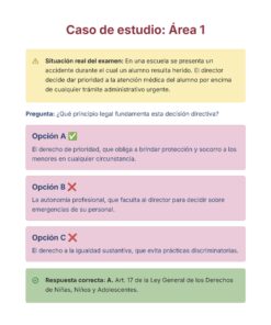 Guía de Estudio Admisión EDUCACIÓN PRIMARIA - USICAMM 2026 - 2027 + (Simulador 90 Reactivos) 35 Se muestra un caso práctico sobre un accidente escolar. Se presentan tres opciones de respuesta, siendo correcta la opción A. Un recuadro verde en la parte inferior muestra la base jurídica: Art. 17 de la ley mexicana de los derechos del niño.