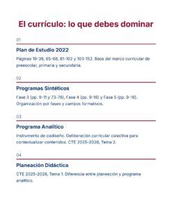 Guía de Estudio Admisión EDUCACIÓN PRIMARIA - USICAMM 2026 - 2027 + (Simulador 90 Reactivos) 34 Un documento blanco resume los temas clave del plan de estudios que hay que dominar, con títulos de las secciones en negrita y breves descripciones. Las cuatro secciones abarcan planes de estudio, programas sintéticos, programas analíticos y planificación didáctica.