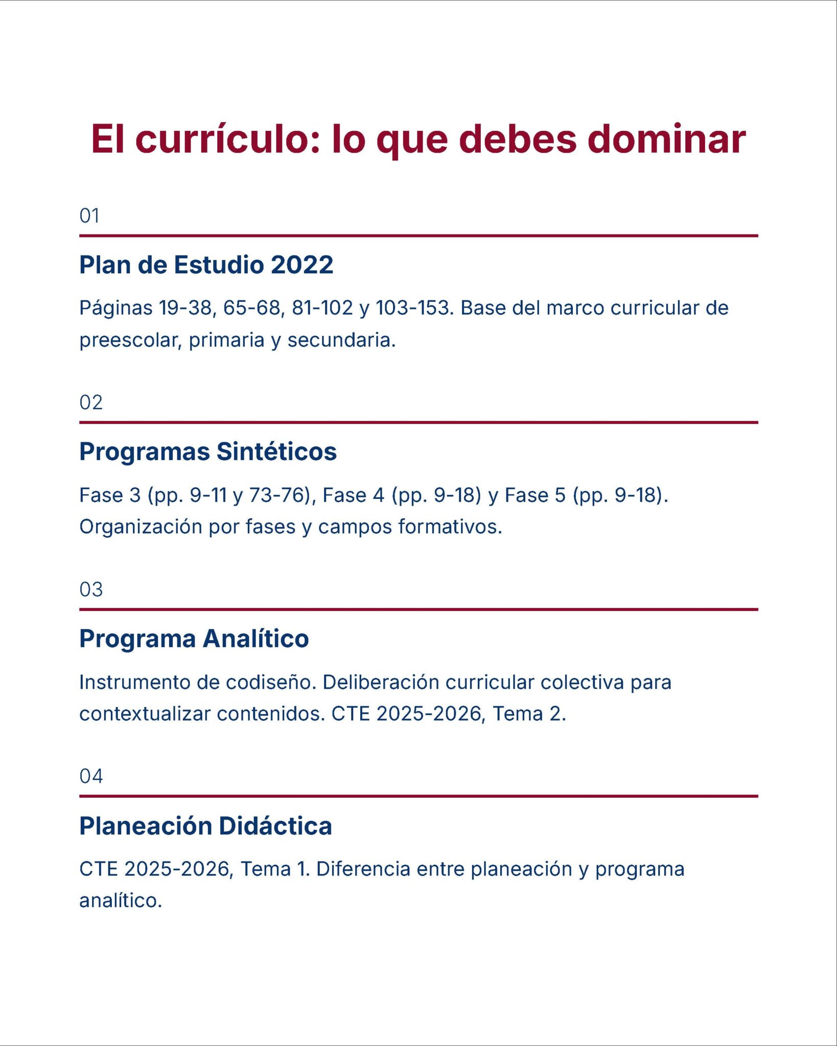 Guía de Estudio Admisión EDUCACIÓN PRIMARIA - USICAMM 2026 - 2027 + (Simulador 90 Reactivos) 14 Un documento blanco resume los temas clave del plan de estudios que hay que dominar, con títulos de las secciones en negrita y breves descripciones. Las cuatro secciones abarcan planes de estudio, programas sintéticos, programas analíticos y planificación didáctica.
