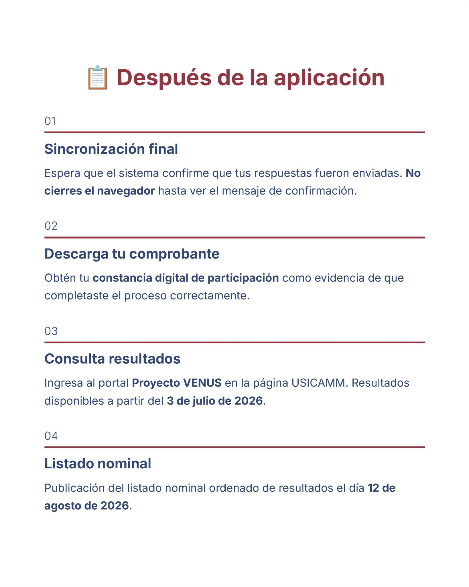 Guía de Estudio Admisión EDUCACIÓN PRIMARIA - USICAMM 2026 - 2027 + (Simulador 90 Reactivos) 16 Gráfico instructivo en español titulado "Después de la aplicación", en el que se detallan cuatro pasos posteriores a la aplicación: sincronización final, descarga de la prueba, comprobación de los resultados y publicación de la lista nominal, con fechas clave en julio y agosto de 2026.