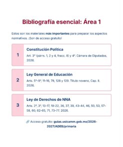 Guía de Estudio Admisión EDUCACIÓN PRIMARIA - USICAMM 2026 - 2027 + (Simulador 90 Reactivos) 22 Captura de pantalla de una guía que enumera la bibliografía esencial para el Área 1. Destaca tres documentos clave: la Constitución, la Ley General de Educación y la Ley de Derechos de la Infancia, con artículos específicos y un enlace de libre acceso.