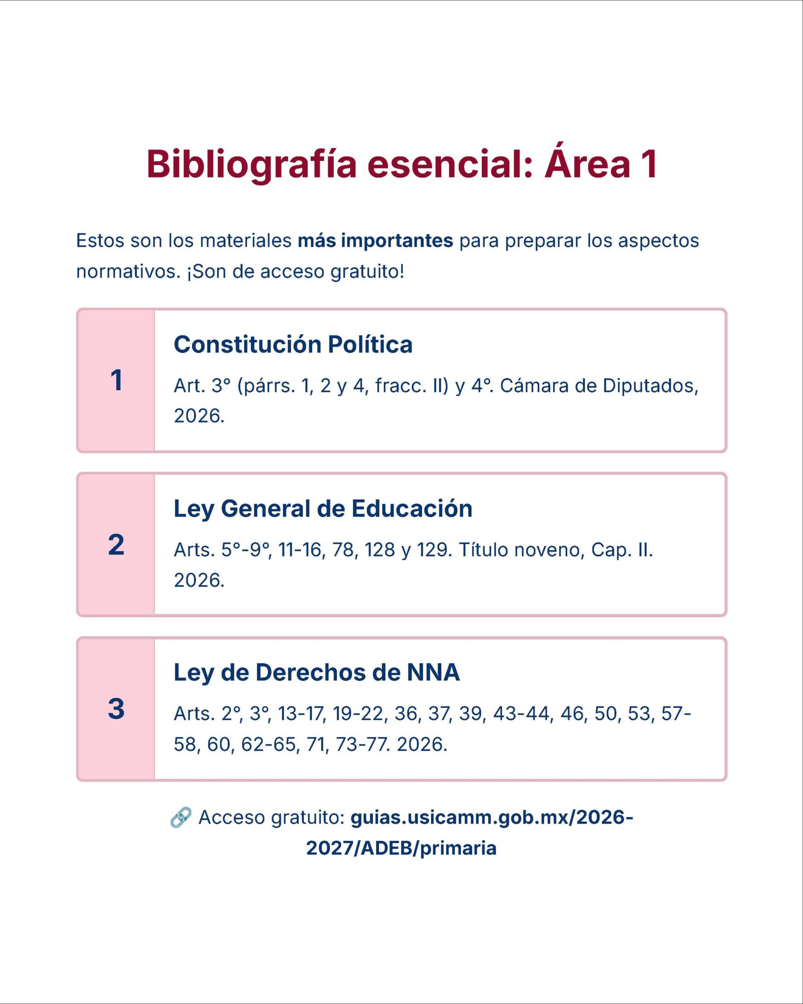 Guía de Estudio Admisión EDUCACIÓN PRIMARIA - USICAMM 2026 - 2027 + (Simulador 90 Reactivos) 2 Captura de pantalla de una guía que enumera la bibliografía esencial para el Área 1. Destaca tres documentos clave: la Constitución, la Ley General de Educación y la Ley de Derechos de la Infancia, con artículos específicos y un enlace de libre acceso.