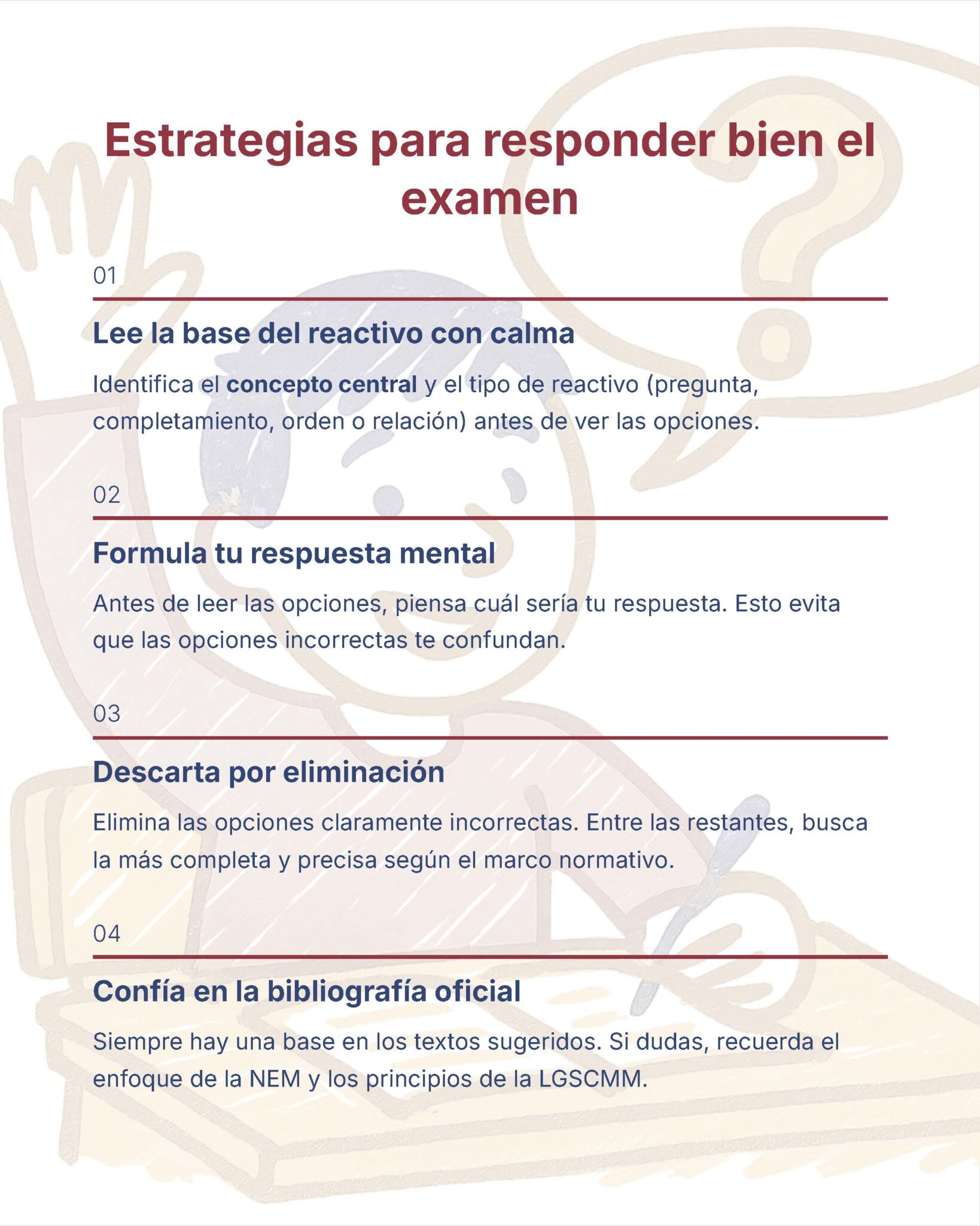 Guía de Estudio Admisión EDUCACIÓN PRIMARIA - USICAMM 2026 - 2027 + (Simulador 90 Reactivos) 6 Infografía titulada "Estrategias para responder bien el examen" con cuatro pasos: 1) Lee atentamente la pregunta, 2) Formula mentalmente tu respuesta, 3) Descarta por eliminación y 4) Confía en la bibliografía oficial.