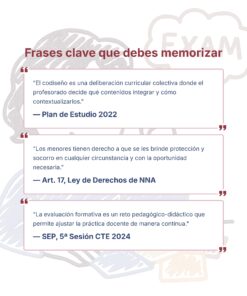 Guía de Estudio Admisión EDUCACIÓN PRIMARIA - USICAMM 2026 - 2027 + (Simulador 90 Reactivos) 23 Se muestran tres citas educativas en español en globos de diálogo, cada una etiquetada con su fuente: Plan de Estudio 2022, Art. 17 Ley de Derechos de NNA, y SEP 5ª Sesión CTE 2024, sobre un fondo claro.