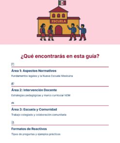 Ilustración de un edificio escolar con alumnos y un profesor en el exterior. El texto que figura a continuación resume las secciones de la guía: aspectos jurídicos, estrategias didácticas, colaboración entre la escuela y la comunidad, y modelos de formatos de preguntas.