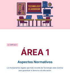 Ilustración de un aula de tecnología con ordenadores, herramientas y un cartel de 