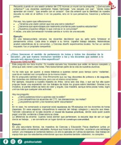 Documento educativo en español con cuadros de texto en color y viñetas, en el que se habla de la identidad de la escuela, la visión colectiva y las prioridades para los alumnos. Se incluye un ejemplo y preguntas de reflexión en las secciones verde, rosa y amarilla.