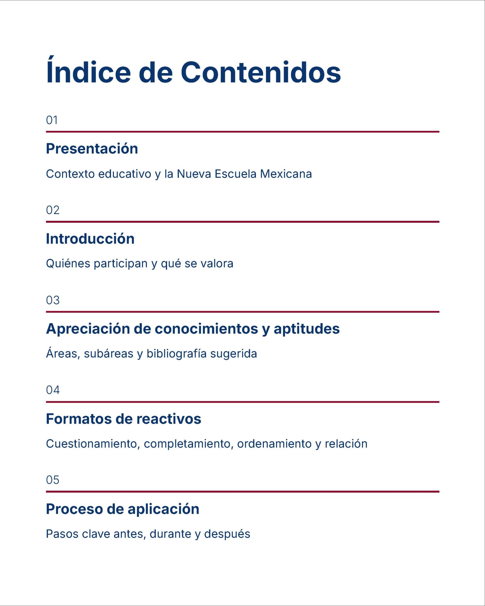 Guía de Estudio Admisión Técnico Docente Educación Especial - USICAMM 2026 - 2027 + (Simulador 90 Reactivos) 6 Índice de contenidos de un documento en español con cinco secciones: Presentación, Introducción, Apreciación de conocimientos y aptitudes, Formatos de reactivos y Proceso de aplicación, cada una con una breve descripción.