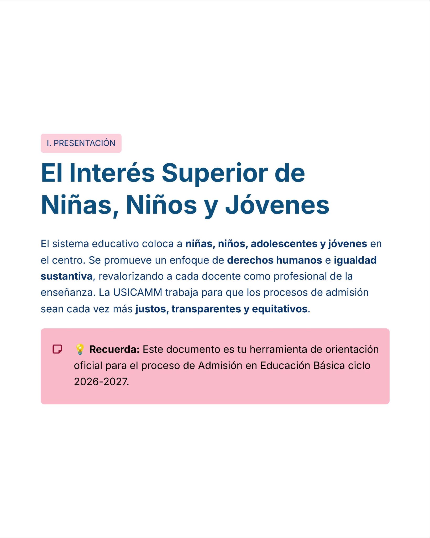 Guía de Estudio Admisión Técnico Docente Educación Especial - USICAMM 2026 - 2027 + (Simulador 90 Reactivos) 5 Documento educativo en español titulado "El Interés Superior de Niñas, Niños y Jóvenes" que enfatiza los derechos de los niños, los derechos humanos y la igualdad de oportunidades en la educación, con una nota destacada sobre su uso para el ciclo escolar 2026-2027.