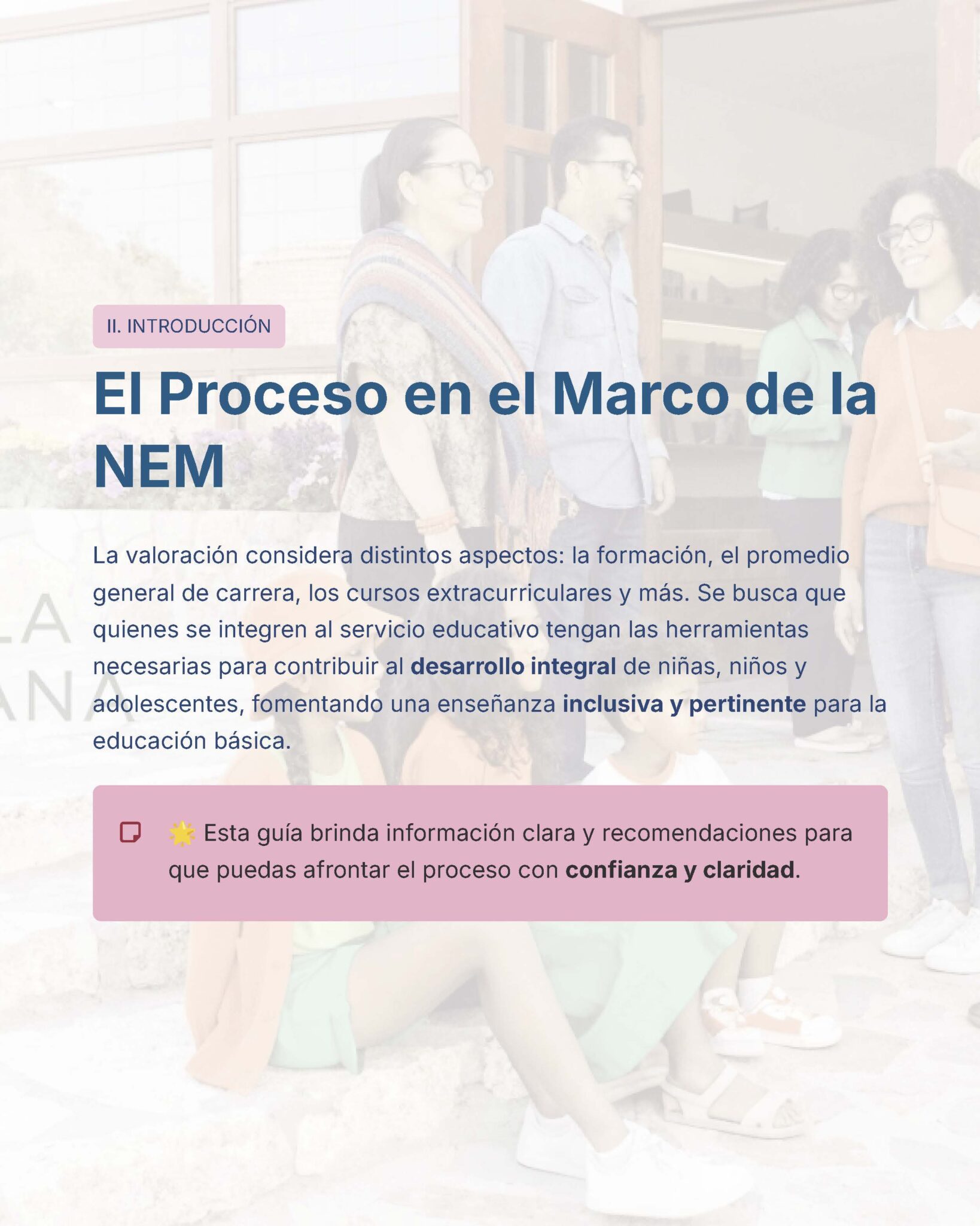 Guía de Estudio Admisión Técnico Docente Educación Especial - USICAMM 2026 - 2027 + (Simulador 90 Reactivos) 2 Un gráfico informativo en español sobre "El Proceso en el Marco de la NEM" habla de la educación inclusiva e integral. En el fondo aparece un grupo de personas, algunas sentadas y otras de pie.