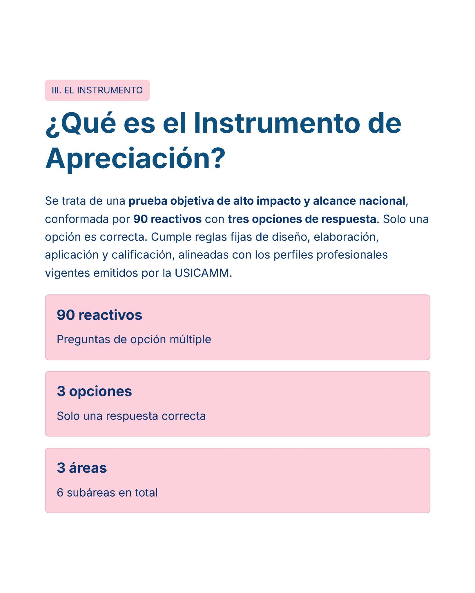 Guía de Estudio Admisión Técnico Docente Educación Especial - USICAMM 2026 - 2027 + (Simulador 90 Reactivos) 9 Gráfico informativo titulado "¿Qué es el Instrumento de Apreciación?" que describe una herramienta de evaluación nacional con 90 preguntas de opción múltiple, 3 opciones de respuesta y 4 áreas de evaluación, alineadas con los perfiles USICAMM.