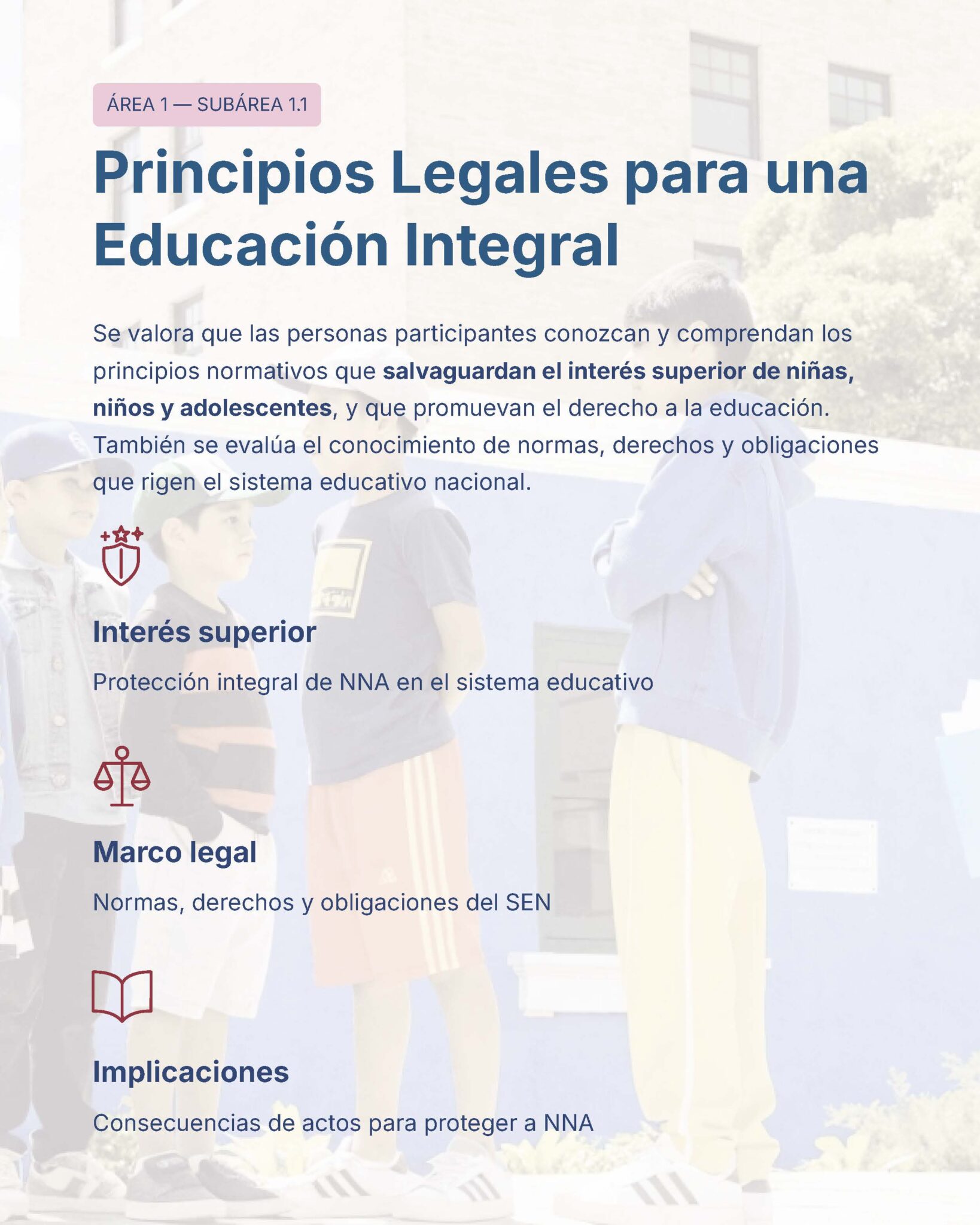 Guía de Estudio Admisión Técnico Docente Educación Especial - USICAMM 2026 - 2027 + (Simulador 90 Reactivos) 10 Cartel informativo titulado "Principios Legales para una Educación Integral" con texto sobre la protección de los derechos del niño en la educación. Incluye tres secciones: "Interés superior", "Marco legal" e "Implicaciones". Tres niños de pie en el fondo.