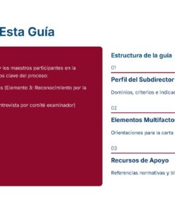 Captura de pantalla del esquema de una guía en español. El recuadro de la izquierda explica el propósito de la guía: ayudar a los profesores con los documentos clave. El de la derecha enumera las secciones: estructura de la guía, perfil académico, elementos multifactoriales y recursos de apoyo.