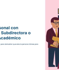 Ilustración de un director a la entrada de una escuela, con una carpeta en la mano y dirigiéndose a un grupo de profesores. El texto de la izquierda dice: 