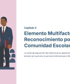 Cuatro personas vestidas profesionalmente permanecen juntas sonrientes, sosteniendo carpetas, con filas de asientos detrás de ellas. A la derecha, un texto en español habla del reconocimiento por parte de la comunidad escolar como parte de un proceso de selección multifactorial.