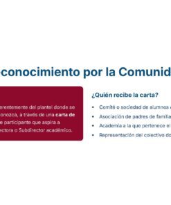 Imagen con texto en español que explica el proceso de reconocimiento por parte de la comunidad escolar. El recuadro de la izquierda define el objetivo, y el de la derecha enumera quién recibe la carta: alumnos, padres, cuerpo académico y profesorado.