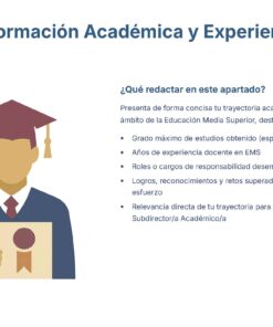Ilustración de una persona con birrete de graduación sosteniendo un diploma, junto al icono de un edificio académico. El texto explica qué incluir en la sección 