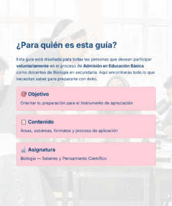 Guía de Estudio Admisión Biología Educación Secundaria- USICAMM 2026 - 2027 + (Simulador 90 Reactivos) 6 Captura de pantalla de la introducción de una guía en español para aspirantes a profesores de Biología en Educación Básica, en la que se describen el propósito, los objetivos, el contenido y el enfoque temático de la guía: Biología-Conocimiento y Pensamiento Científico.