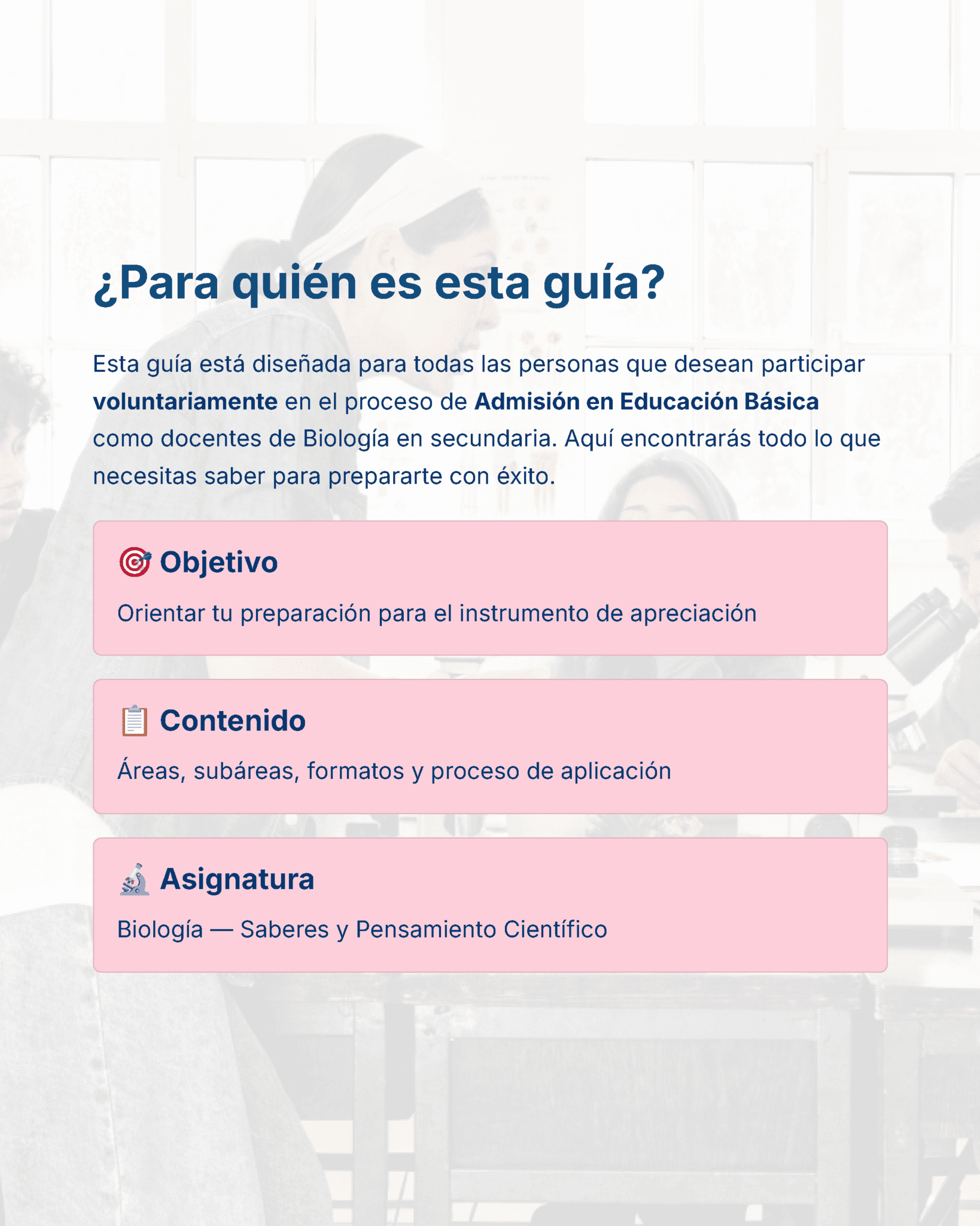Guía de Estudio Admisión Biología Educación Secundaria- USICAMM 2026 - 2027 + (Simulador 90 Reactivos) 3 Captura de pantalla de la introducción de una guía en español para aspirantes a profesores de Biología en Educación Básica, en la que se describen el propósito, los objetivos, el contenido y el enfoque temático de la guía: Biología-Conocimiento y Pensamiento Científico.