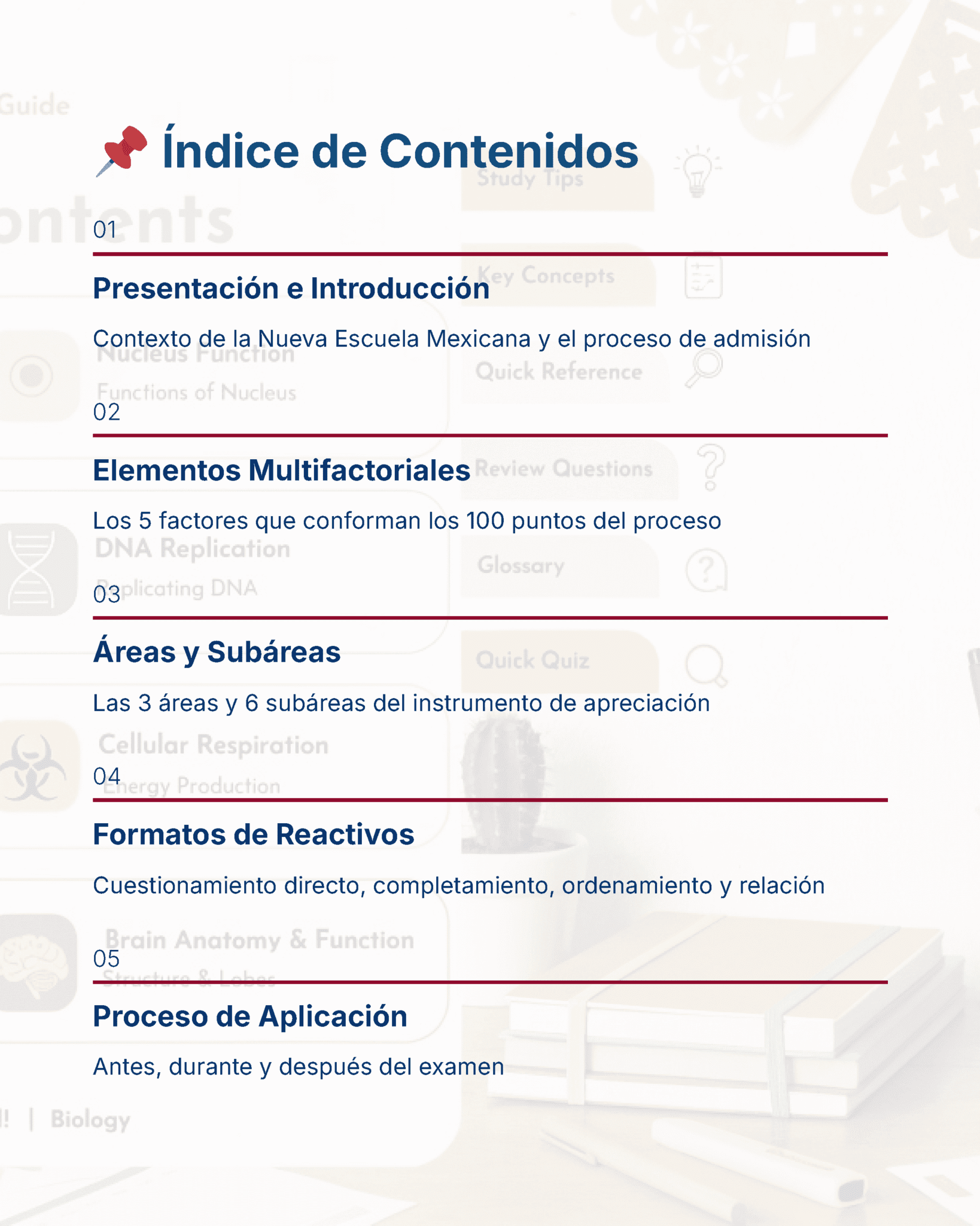 Guía de Estudio Admisión Biología Educación Secundaria- USICAMM 2026 - 2027 + (Simulador 90 Reactivos) 2 Índice de contenidos de un documento educativo, con secciones como Presentación, Elementos Multifactoriales, Áreas y Subáreas, Formatos de Reactivos y Proceso de Aplicación, cada una con breve descripción.