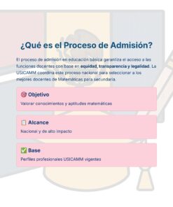 Guía de Estudio Admisión MATEMÁTICAS Educación Secundaria- USICAMM 2026 - 2027 + (Simulador 90 Reactivos) 17 Infografía que explica el proceso de admisión para profesores de matemáticas en la enseñanza secundaria, destacando el objetivo, el alcance y la base. Sobre un fondo azul y rosa aparece una lista de comprobación con tres puntos.